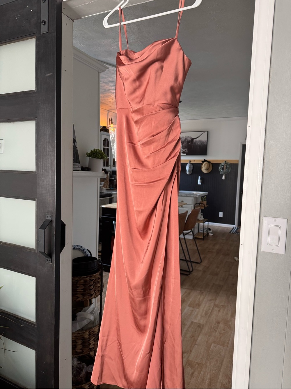 Elegant Rust Satin Spaghetti-Strap Evening Dress